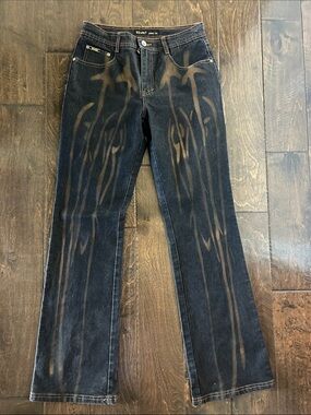 Revolt Dark Denim Jeans with Brown Bleach Flame Design